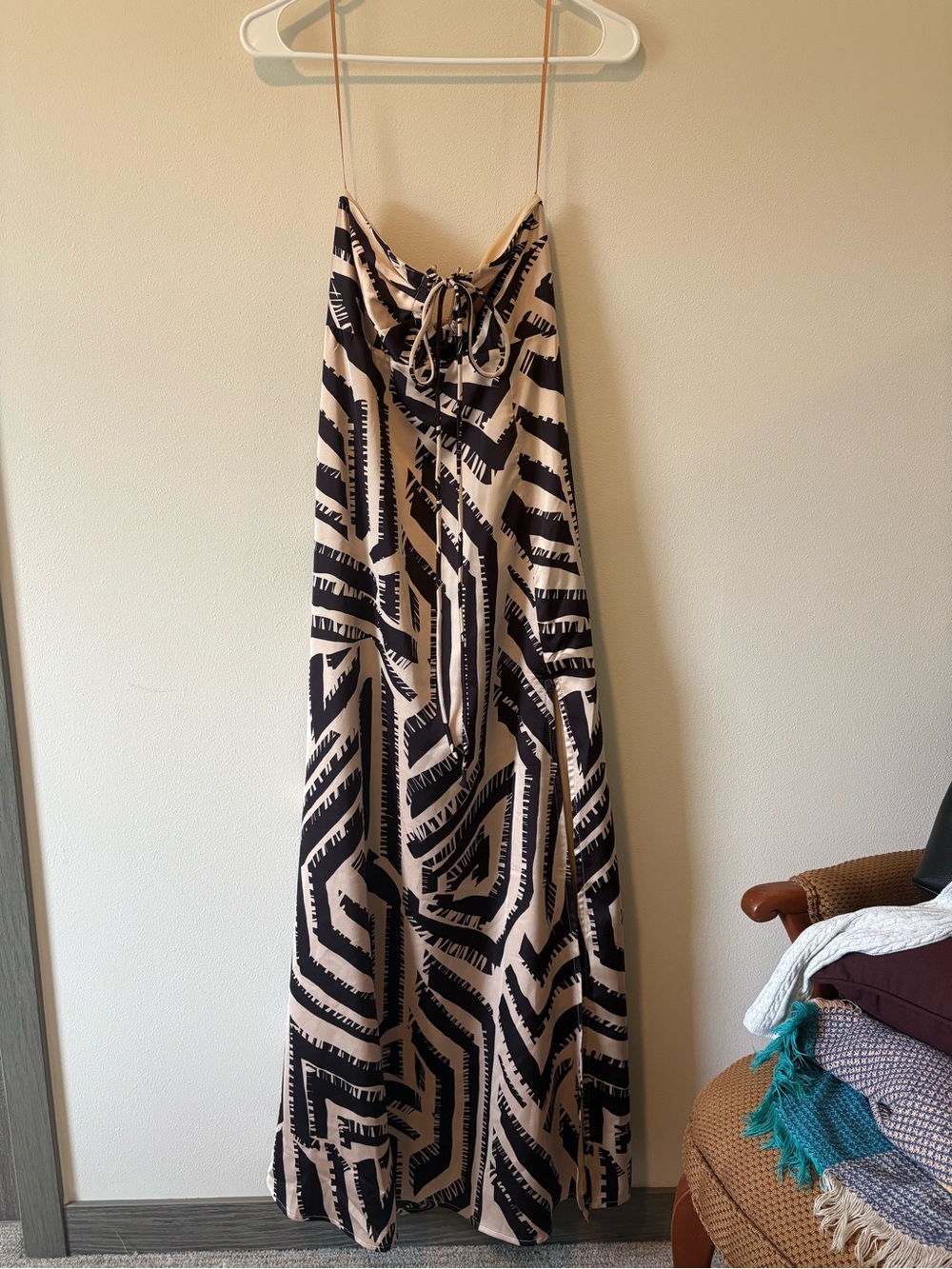 Windsor Beige and Black Abstract Tie-Front Maxi Dress